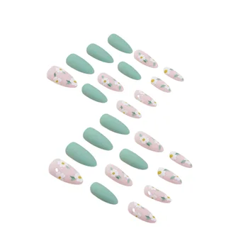 Green Frosted Almond Фалшиви нокти Пролетна атмосфера Свежи фалшиви нокти за декорация на ръце Nail Art
