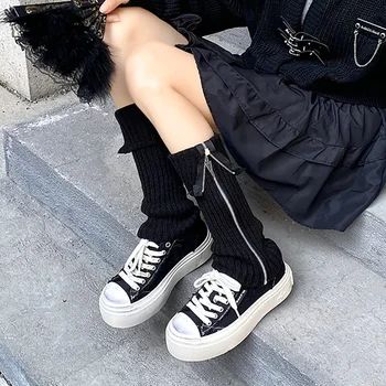 Черен твърд цип пънк плета дълги чорапи жени открит коляното високо еластични крака нагреватели готино момиче топло готически хип-хоп рок чорапи