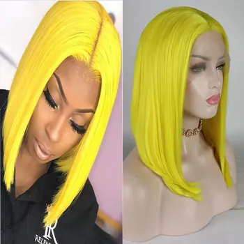 Бомба кратко жълто Боб синтетична коса дантела предни перуки лепило средната част за черни жени направо топлоустойчиви влакна перука