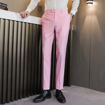 зелен плътен цвят панталони пролет мъжки панталони луксозен универсален панталон панталони британски панталон homme тънък панталон мъже розов лилаво червен