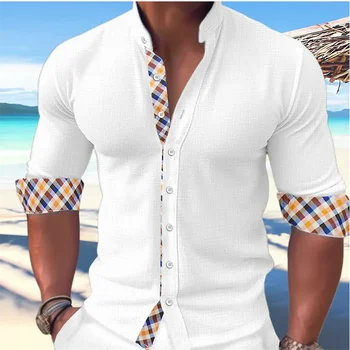 2024 Мъжка риза Копче Ежедневна риза Лятна плажна риза Черна бяла дълъг ръкав Цветна стойка яка Ежедневни пачуърк дрехи