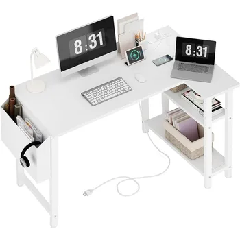 Lufeiya Бяло L образно компютърно бюро с рафтове за електрически контакти, 40 инчово малко ъглово бюро за малък домашен офис