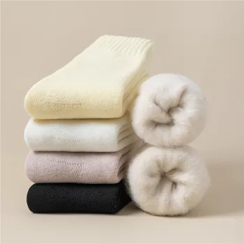 Зимни сгъстени вълнени чорапи Жени Дебели топли дълги чорапи Женски чорапи в плътен цвят Снежни калцетини mujer