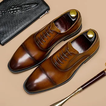 Нова естествена кожа мъжки дерби обувки квадратни пръсти дантела нагоре бизнес мъжки рокля обувки кафяв черен мъжки кожени обувки