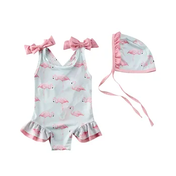 Baby Girl Flamingo Print Бански с шапка за слънце Bonnet Ruffle Bowknot Бански 1-6Y Детски детски летен бански костюм Плажно облекло