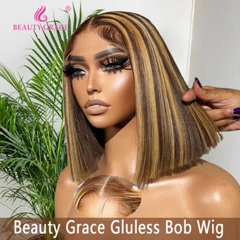 Highlight Glueless 4x4 4x6 Lace Closure Bob Wigs Pre-cut Baby Hair Around Ready to Go Short Straight Bob Wig 4/27 Beauty Grace
