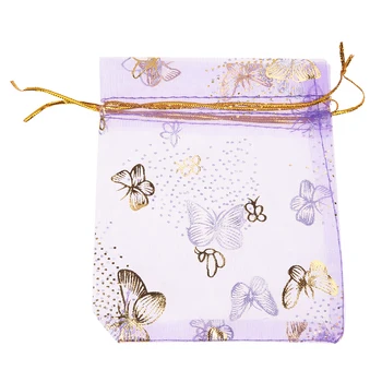 100pcs пеперуда шнур органза сватбен подарък бижута бонбони торбичка чанти лилаво