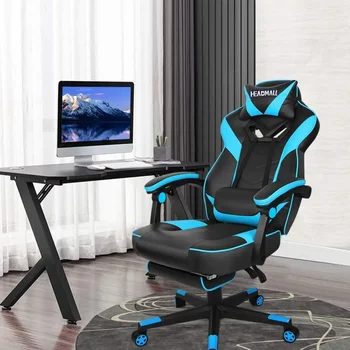 Геймърски стол с поставка за крака, геймърски стол с лумбална опора и облегалка за глава Регулируем по височина офис стол с 360°-въртяща се седалка
