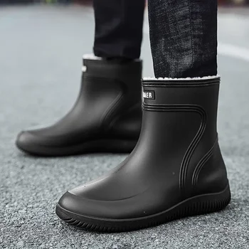 Зима 2023 Нови мъжки обувки Мода Мъжки дъждовни ботуши Топли къси плюшени противоплъзгащи износоустойчиви външни водоустойчиви мъжки обувки
