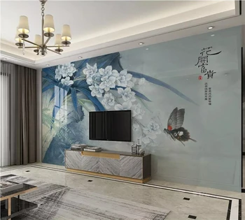 beibehang Персонализиран тапет 3d снимка стенопис нов китайски ръчно рисувани щателни орхидеи елегантни цветя и птици тапет стенопис