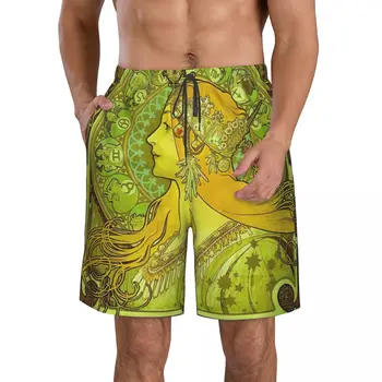 Изумрудено зелено реколта астрология плакат Мъжки плажни шорти фитнес бързосъхнещ бански Забавни улични забавни 3D шорти