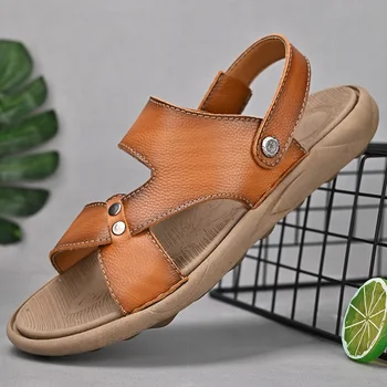 Лято Ръчно изработени сандали от естествена кожа Мъжки удобни нехлъзгащи се ежедневни плажни чехли Туризъм на открито Туристически сандали