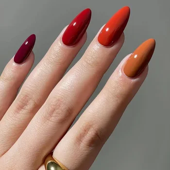червен оранжев голи носими бадемови форма фалшиви нокти мода плътен цвят разглобяеми завършени фалшиви нокти преса върху ноктите с лепило