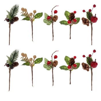 30Pcs Червена Коледа Бери и борови конуси кирки с Холи клони за празник флорални декор цветя занаяти