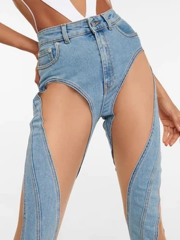 Секси окото пачуърк виждам през кльощава дънки жени деним контрастен панел Bodycon панталони високо качество писта парти клуб панталони