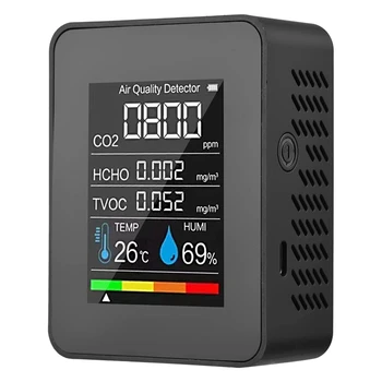 5 в 1 монитор за качеството на въздуха TVOC HCHO температура влажност CO2 метър, USB акумулаторен CO2 детектор
