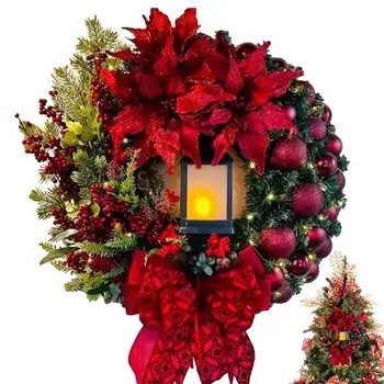 Коледен венец акумулаторен LED венец с изкуствени цветя сезонен орнамент Коледна украса за входна врата стена камина