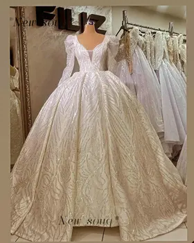 Дубай блясък дълги ръкави топка рокля сватбени рокли за жени булката V врата подпухнали плисета принцеса булчински рокли по поръчка 2023