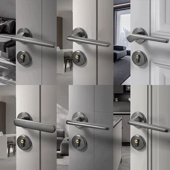 Заключване на вратата на спалнята, дървена дръжка на вратата на вътрешната стая, сива, проста, модерна магнитна, безшумна, домакинска разделена брава на вратата