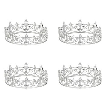 4X Royal King Crown за мъже - метални принцови корони и диадеми, пълни кръгли шапки за рожден ден (сребро)