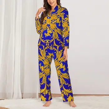 бароков печат пижама комплекти есенно синьо и златно сладко домашно спално облекло дамски две части ретро извънгабаритни дизайн нощно облекло подарък