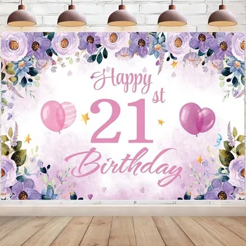 21 години Декорация за рожден ден за момичета Честит 21-ви рожден ден банер парти Supplie розово лилаво цвете балон снимка фон