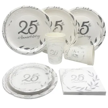 Сребро 25-та годишнина парти хартиени чинии купа салфетки за еднократна употреба прибори за хранене сватба годишнина възрастни мъже жени рожден ден Supplie