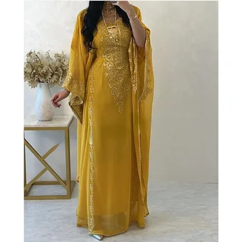 Етническа рокля с дълъг ръкав мароканска стилна кафтан фантазия работа елегантно парти облекло