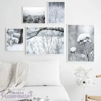 Снежно растение Листно дърво Цвете Пейзаж Платно Живопис Скандинавски плакати и отпечатъци Картини за стена за хол декор