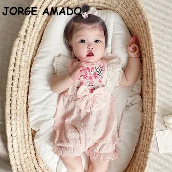корейски стил ново лято бебе момиче гащеризон розов бродерия пристъп ръкави кръг яка къдри гащеризон детски дрехи E2710