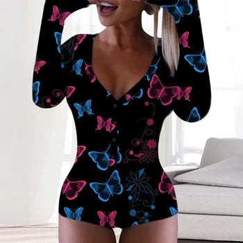 Butterfly печат секси пижама Onesie жени дълъг ръкав нощно облекло шорти гащеризон спално облекло пижама Onesie за възрастни Комбинезон #F3