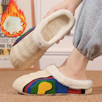 Двойка Цветни памучни чехли 2024Нови зимни мъжки дамски вътрешни кадифени термични чехли Trend Home Водоустойчиви плоски ежедневни обувки