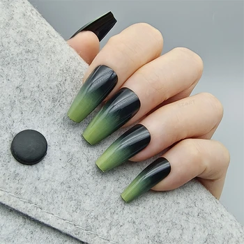 24pcs комплект лъскав маслинено зелен фалшиви нокти градиент плътен цвят прост дизайн преса върху ноктите ковчег изключително дълго без лепило