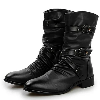 Wnfsy зимни дамски кожени ботуши високо ново качество байкър ботуши черна мода пънк рок обувки жените голям размер високи ботуши