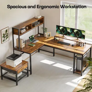  L-образно компютърно бюро с електрически контакт & LED лента, реверсивно ъглово бюро с рафт за съхранение и стойка за монитор, реколта