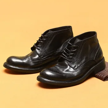 Реколта мъжки естествена кожа глезена Brogues обувки луксозна марка ръчно изработени удобен дизайнер нов мека кожа мъж бизнес ботуши