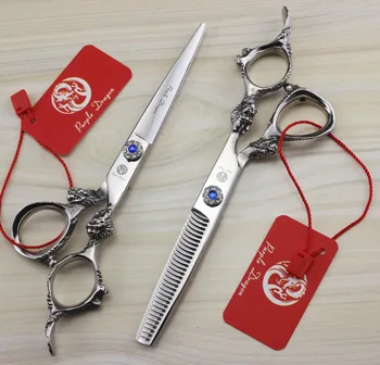 Професионална драконова дръжка ножици за коса Япония 440C 6 инчов фризьорски бръснарски ножици режещи ножици с кожен калъф