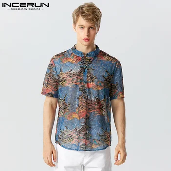 Мода Нови мъжки ризи с копчета Небрежна личност All-мач къс ръкав ревера блуза S-5XL INCERUN Chinoiserie върховете 2023