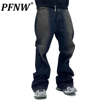 PFNW пролет лято нова мъжка мода градиент кал боядисани широк крак етаж дължина дънки случайни Techwear изгорени дънкови панталони 12Z1092
