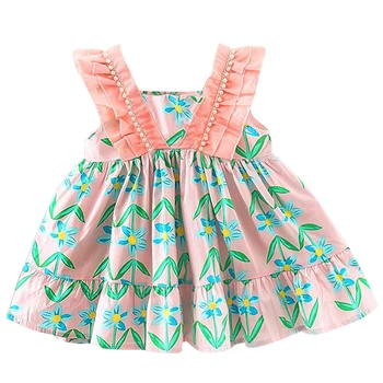 2023 Лято бебе момиче дрехи корейски мода карикатура сладки цветя без ръкави памук принцеса луксозна рокля малки рокли BC350