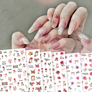 1Pcs 3D цветя нокти стикери самозалепващи английски писма линия дизайн стикер колоритен пеперуда нокти изкуство декорации стикери