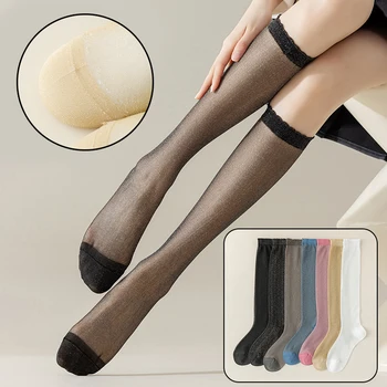Чорапи за коляното Ултра-тънки прозрачни найлонови чорапи JK Япония стил дълги чорапи чорапи Лолита плътен цвят коляното чорапи трикотаж