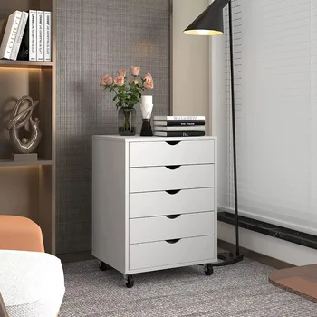 5-чекмедже дървен шкаф за файлове Мобилен организатор Офис съхранение Rolling Cart за офис стая, бял