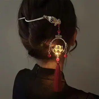 За момичета китайски стил фенер LED светлина перла лотос цвете корейски акула клип нокти за коса жени пръчици за коса фиби