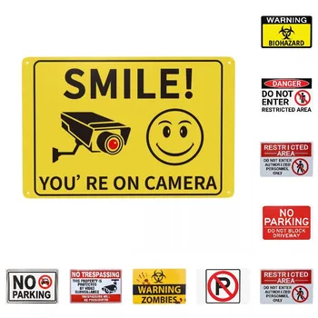 Smile You're On Знак на камерата Знаци Винтидж предупреждение за видеонаблюдение Метални плаки за порта градина двор човек пещера бар дома декор