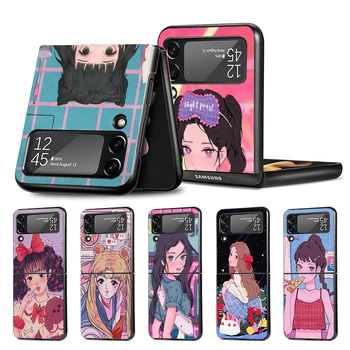 INS Kawaii японски аниме момиче телефон случай за Samsung Galaxy Z Flip4 Flip3 5G черен кок Z флип 4 3 твърд PC луксозен капак Zflip3
