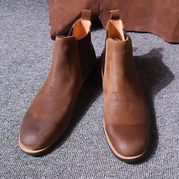 Зимни мъжки боти до глезена Британски истински кравешки кожени ботуши Бизнес мъж Официални обувки Обувки