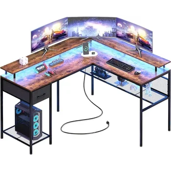 L оформено бюро компютърно бюро с LED светлини и електрически контакти, игрално бюро с рафтове за съхранение
