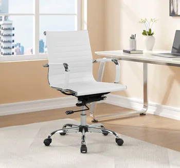 оребрен гръб PU кожен офис стол, регулируема височина, бял