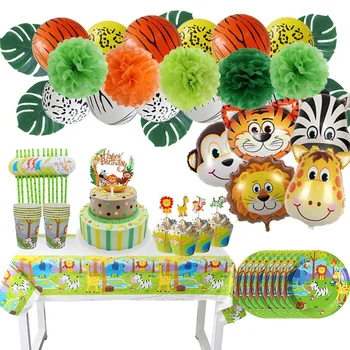 Детски декорации за рожден ден в джунглата Животни от джунглата Лъвско сафари Бебешка душ торта Topper фолио балони за еднократна употреба прибори за хранене